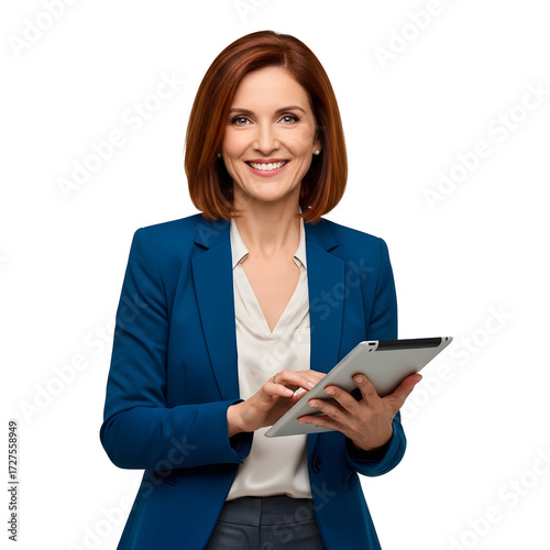 Portrait of a smiling mature businesswoman in a blue jacket holding a digital tablet, isolated on a white background