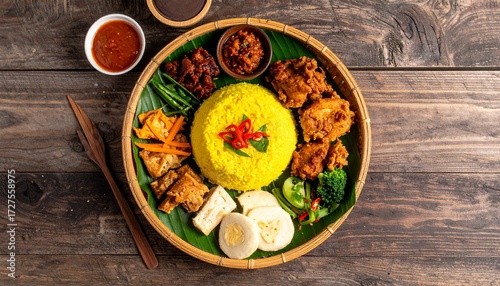 Wallpaper Mural A top view of traditional Indonesian mini tumpeng, yellow rice shaped into a cone and served with assorted side dishes such as fried chicken, tempeh, tofu, vegetables, sambal, and boiled egg. Torontodigital.ca