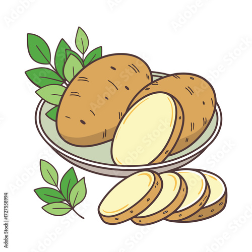 A vibrant illustration of fresh whole potatoes and sliced potatoes arranged on a plate with green leaves perfect for food and healthy eating concepts