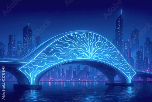 AI Bridge with Glowing Neural Patterns at Night