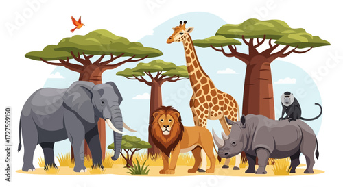 A vibrant illustration depicts a diverse group of african safari animals, including an elephant, lion, giraffe, rhinoceros, and monkey, standing together in a savanna landscape with baobab trees