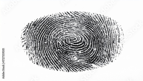 Black ink fingerprint with whorl pattern on white background—highlighting biometric identity, forensic detail, and uniqueness in a minimal composition.