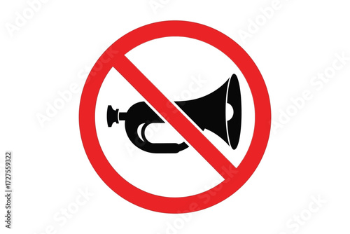 Vector art of a no honking sign with a red circle and diagonal line over a black horn is shown, indicating a restriction on noise and sound