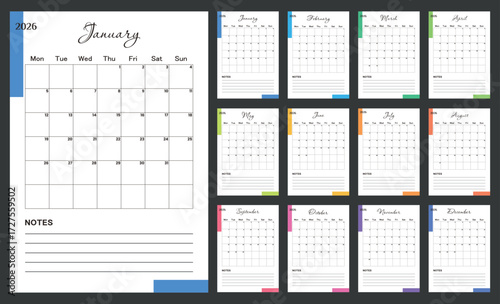Monthly calendar 2026. Calendar 2026 template planner minimalist. Colorful planner 2026 with calendar. Vector illustration. Blank white notebook page A4. Printable template. Week Starts on Monday