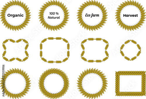 Wheat wreath and frame icons set – organic, natural, eco farm and harvest design