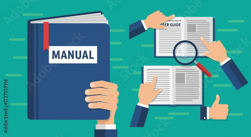 A hand holds a blue manual book while other hands interact with open user guides, one using a magnifying glass to examine text, and another giving a thumbs up