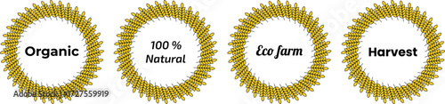 Wheat wreath labels set – Organic, 100% Natural, Eco farm and Harvest