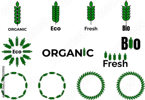 Green wheat icons and wreaths set – Organic, Eco, Fresh, Bio