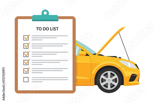 Vector art of a yellow car with its hood open next to a clipboard displaying a todo list with checked boxes
