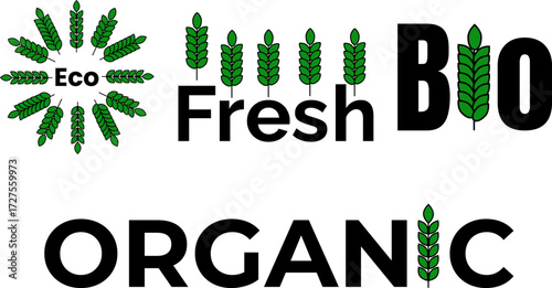 Green wheat emblems set – Organic, Eco, Fresh, Bio