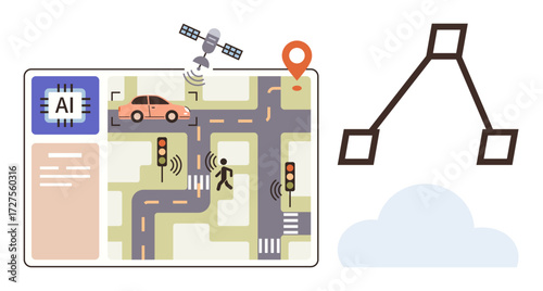 Smart traffic map highlighting AI roles, vehicles, signals, pedestrians, GPS, and satellite. Ideal for transportation, AI, future technology urban planning automation digital systems simple flat