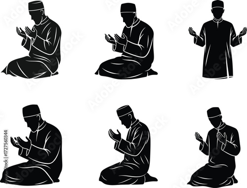 PrintMuslim prayer silhouette, Islamic worship illustration, traditional attire, men praying, religious devotion, cultural spirituality, kneeling, standing, supplication, reflection