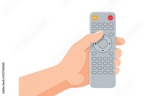 Vector art of a hand holding a gray remote control with various buttons, representing technology, entertainment, and control over electronic devices