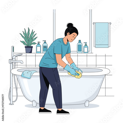 Woman cleaning a bathtub with a sponge and cleaning supplies.