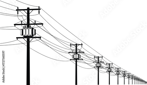 Electric utility poles with power lines and transformers on a white background, concept of energy, electricity, and telecommunications for graphic design