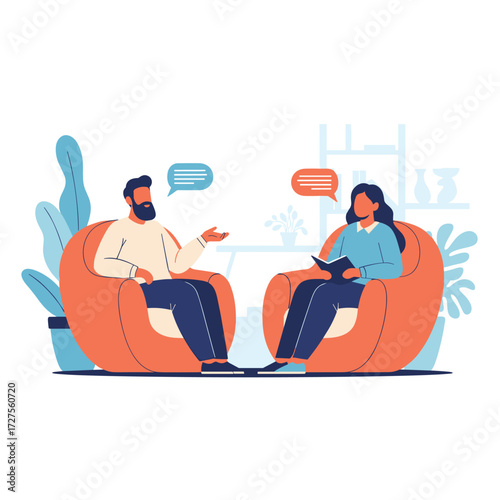 Two people in comfortable chairs are talking to each other.
