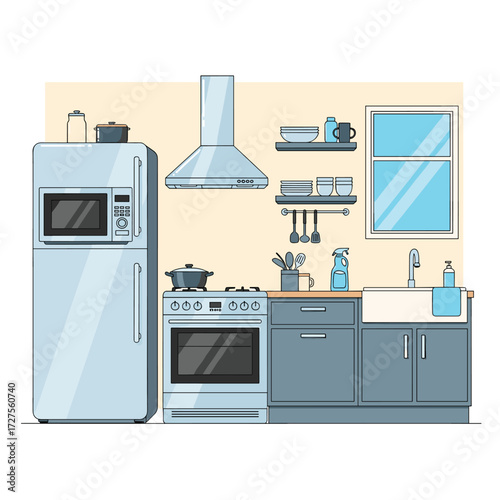 A modern kitchen with appliances and cabinetry.
