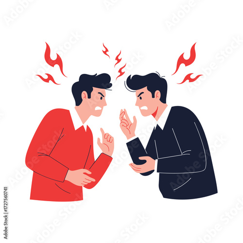 Two angry men arguing and shouting at each other with flames above their heads.