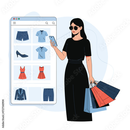 Woman shopping for clothes on a mobile phone with shopping bags.