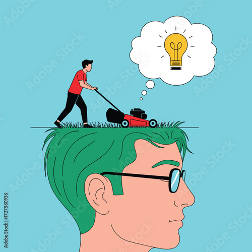 A person is mowing the grass on a person's head and having an idea.