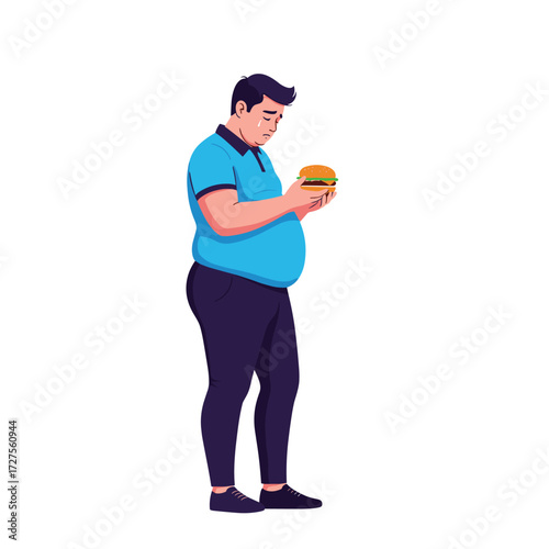 An overweight man holding a burger in his hands.
