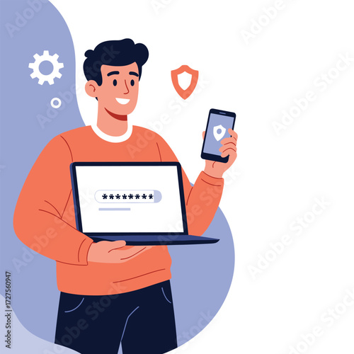 A person holding a laptop and a smartphone with a password on the screen.