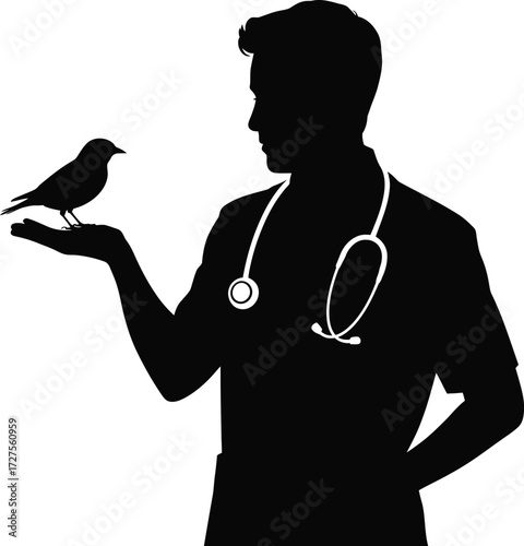 Veterinarian Silhouette Holding Bird Care Vector Illustration