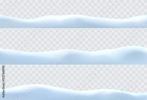 Snow drifts landscape set isolated on transparent background. Christmas borders with frozen hills and snowdrifts. Vector 3d snowbanks cover winter field