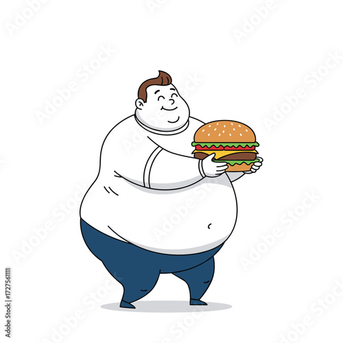 A happy overweight man holding a large cheeseburger. 