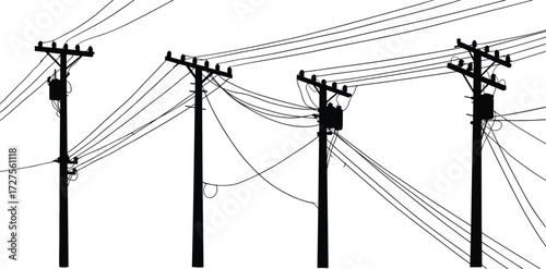 PrintSilhouette of utility poles, power lines, electrical transformers, energy distribution network, urban infrastructure, electricity supply, industrial design, black outline, white background