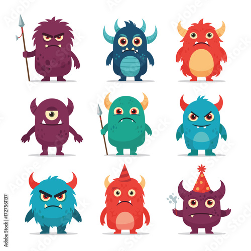 A collection of cute cartoon monsters with different expressions and colors.