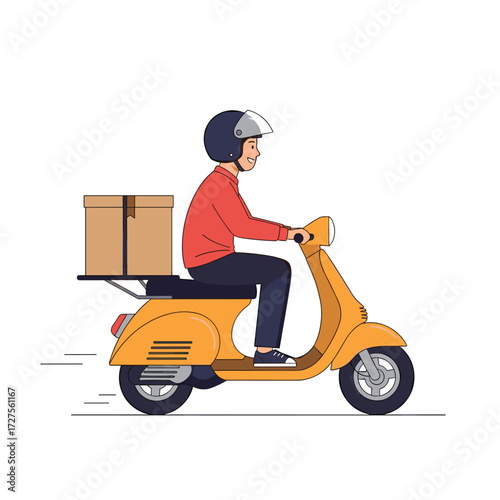 A happy delivery person rides their scooter with a package.