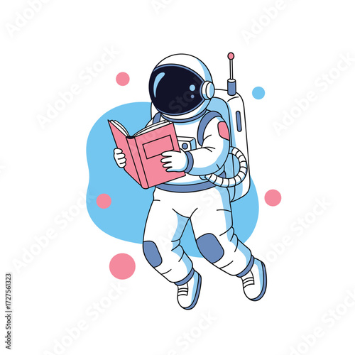 An astronaut floats in space reading a book with a colorful background.