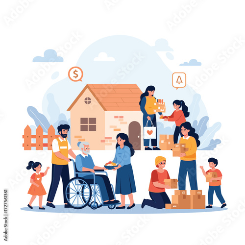 Community members helping elderly and needy people with donations.