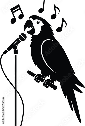 Singing Parrot Silhouette with Microphone and Music Notes Vector Art