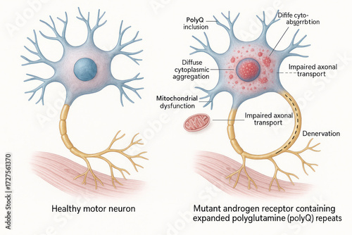 Comparison of Healthy Motor Neuron and Mutant Androgen Receptor Neuron Showing PolyQ Repeats and Denervation