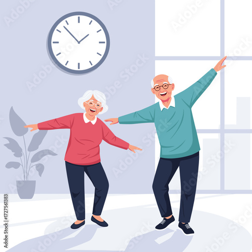 Happy elderly couple dancing and enjoying their time together.