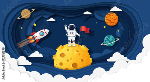 An astronaut stands triumphantly on a yellow moon, planting a flag, with a rocket soaring past planets and stars in a stylized cosmic landscape