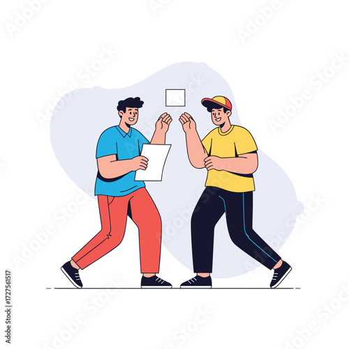 Two men in a playful boxing match over a document.