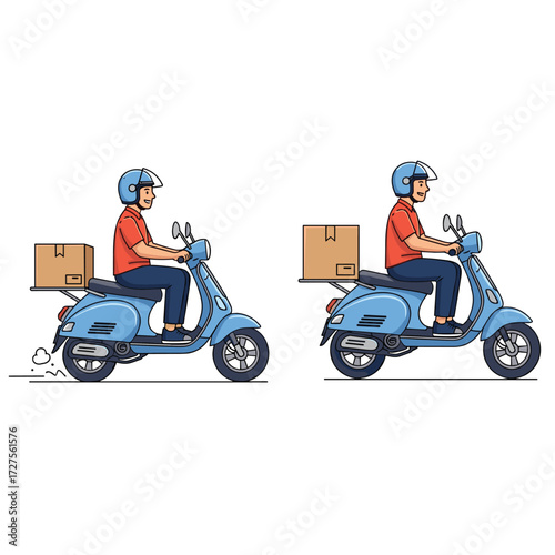 Two delivery men riding scooters with boxes on the back.
