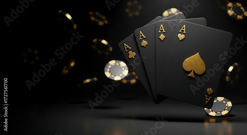 Elegant black and gold poker cards with flying casino chips, four aces on dark luxury background, premium gambling concept for casino, online gaming, and poker illustration
