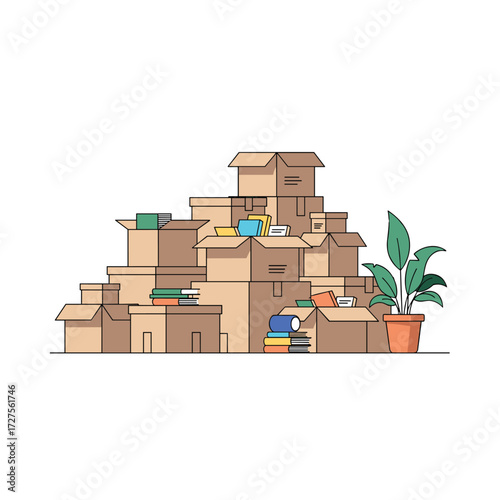 A pile of moving boxes with a plant beside them.