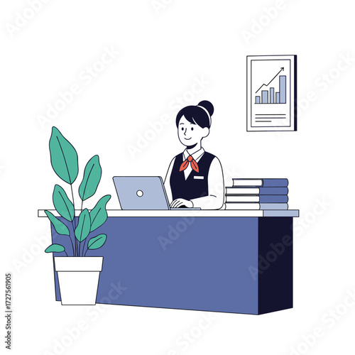 Office worker at a desk with a laptop and a plant.