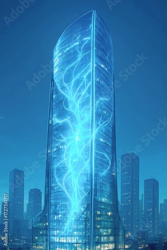 Glass Skyscraper with Glowing AI Energy Flow