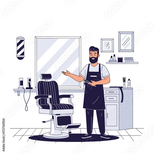 A barber standing next to a chair in a barbershop.