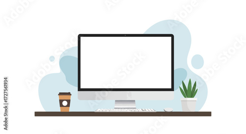 A modern desktop computer setup with a coffee cup and a potted plant on a shelf, featuring a blank screen for customization