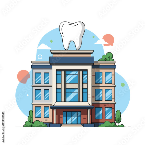 Modern dental clinic building with a large tooth on top.