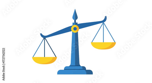 A vintage blue and yellow balance scale stands tilted, symbolizing justice and legal judgment against a clean white background