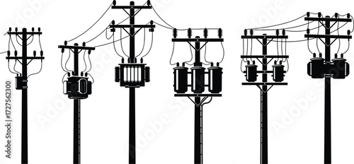 Set of electric utility poles with power lines and transformers on a white background, isolated vector illustration for graphic design