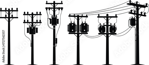 Set of electric utility poles with power lines and transformers on a white background, isolated vector illustration for graphic design